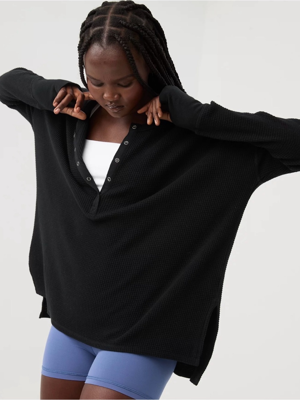 aerie Black Long Sleeve Waffle Henley Top